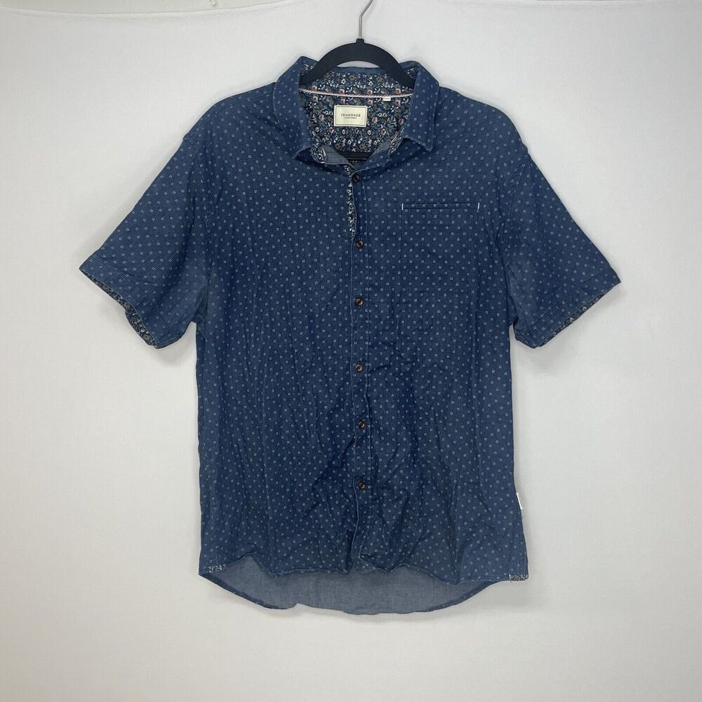 7Diamonds Shirt Men L Blue Geometric Print Short‎ Sleeve Button Down Casual SEO
